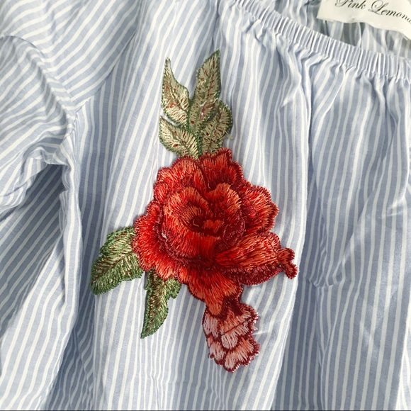 Pink Lemonade Striped Tie Front Long Sleeve Crop Top Rose Appliqué Embellished M - Picture 3 of 4